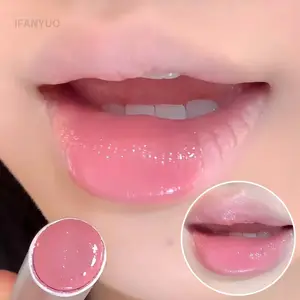 Kaca Cermin Kristal Merah Jambu Pepejal Lip Gloss Tiub Bulat Gincu Air Ringan Jeli Jelas Sapuan Bibir Coklat Bogel Pelembap Bibir