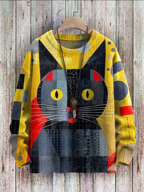 Corak Seni Burung Bunga Kucing Hitam yang comel Cetak Sweater Pullover Bersatu Kasual Sweater Klasik Pullover Lelaki Untuk Wanita
