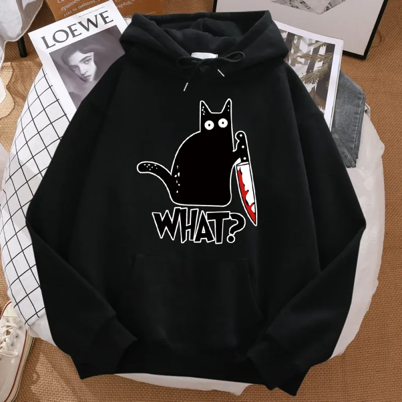 Kucing Hitam Kecil Yang Comel Memegang Pisau Lelaki Hoodie Street Fleece Hoody Hipster Musim Gugur Sweatshirt Pakaian Hip Hop Wanita