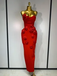 2025 Date Femmes Sexy Bretelles Dos Nu Fleur Rouge Midi Bandage Robe Célébrité Élégante Soirée Club Fête Robes D'anniversaire