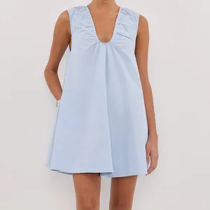 Nueva moda para mujer, vestido sin mangas con cuello en V, vestidos de playa sueltos de Color sólido sin mangas con bolsillo, estilo callejero, gran oferta S-XL