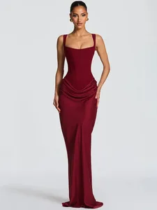 Mozision Elegantes, rückenfreies, sexy Maxikleid für Damen, modisches Kleid mit quadratischem Kragen, ärmellos, dünn, gerafft, Club-Party, lange Kleider