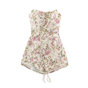 2026 Summer Women's French Elegant Sleeveless Lace-up Wrap Frock Gown Lady Vintage Backless Floral Print Cropped Mini Dresses