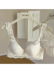 White Lace Bra & Panty Set Padded Bralette for Small Chest Summer Slimming Underwear Low Back Lingerie for Women Sexy Set