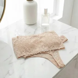 Lace Sheer Flower Thong Bra Set Embroidery Invisible Straps Floral Panties Bra Kit Hollow Lingerie Underwear for Women Women