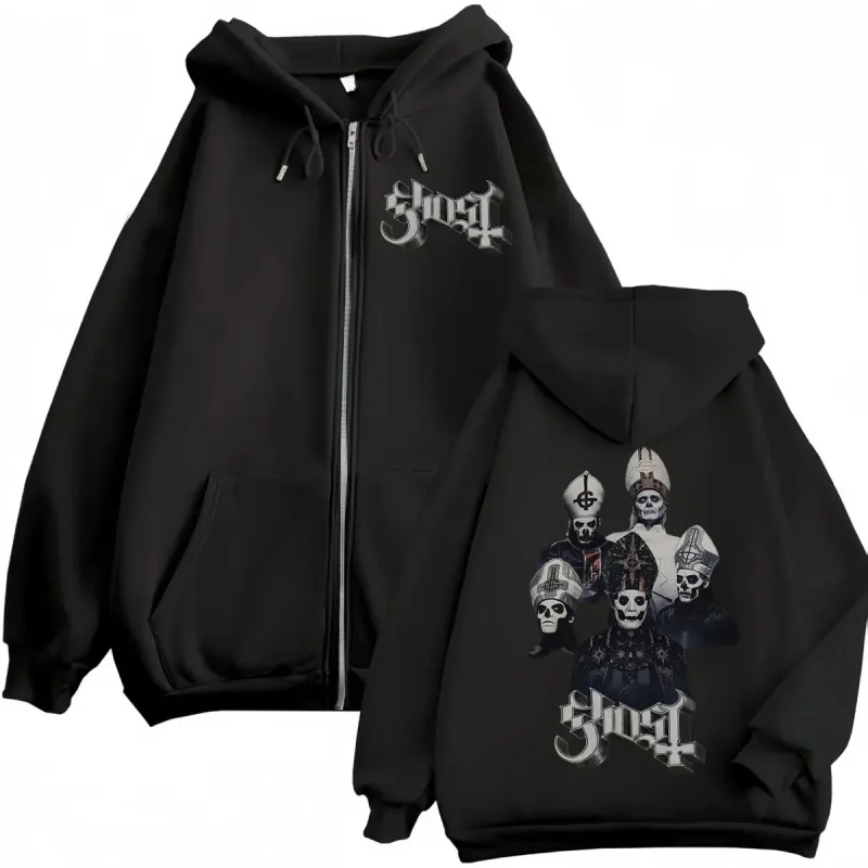 Diskon Besar Hoodie Ritsleting Band Hantu Pakaian Pria Wanita Pulover Ritsleting Rock Mode Kaus Bertudung Antik Gotik Pakaian Jalanan