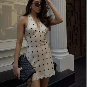 Spitze Gespleißt Polka Dot Neckholder Kleid Frauen Elegante A-line Mini Sexy Rückenfreie Kleider Sommer Robe 2025