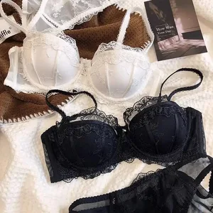 Set Dua Keping Pakaian Dalam Renda Bersulam Perancis Bra Berwayar Lembut Bernafas Ringan dengan Sokongan Ringan untuk Payudara yang Lebih Kecil