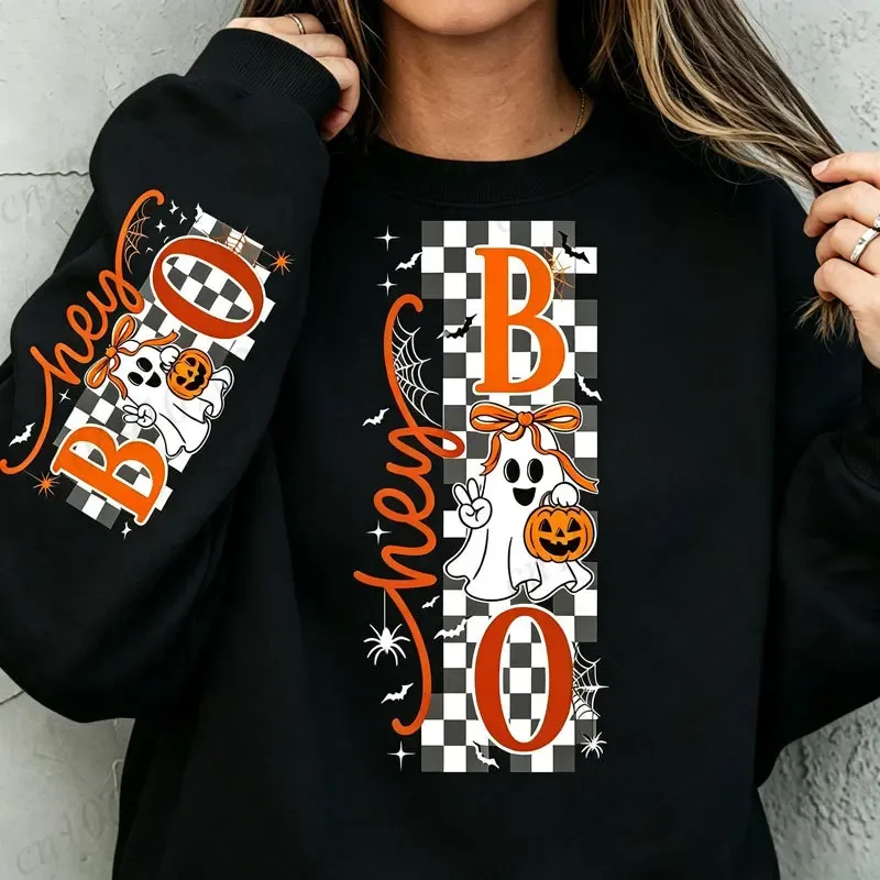 Halloween Hey Boo Unisex mikina Roztomilá mašli Ghost Dýně Grafický výstřih s dlouhým rukávem Neformální podzimní svetr Bavlněné topy 330 g/m²