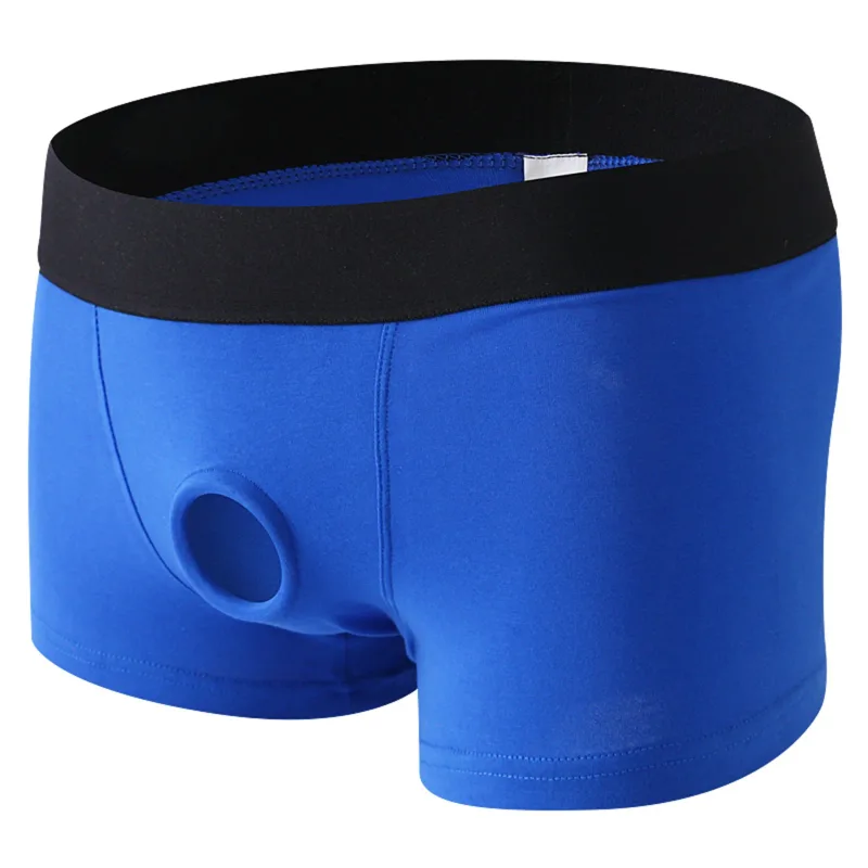 Herren-Boxershorts mit Vorderloch-Beutel, Unterwäsche, Silikon-Cockring, sexy Boxershorts, breiter Bund, Baumwollunterhose, aushöhlen, Dessous