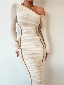 Hugcitar Mesh solidny ukośny kołnierzyk z długim rękawem drapowany seksowny przezroczysty obcisła sukienka Maxi letnie modne ciuchy klub festiwalowy