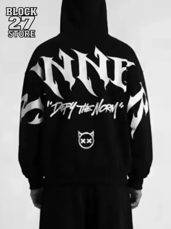 男款哥德罪人 Defy The Moon 印花超大連帽衫黑色街頭服飾摩托車騎乘休閒套頭連帽運動衫