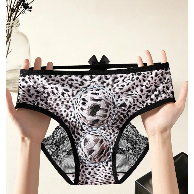 Sous-vêtements Sexy pour hommes, culotte transparente en dentelle creuse, imprimé léopard en soie glacée, pochette de séparation de balle en 3D, sous-vêtements Sissy
