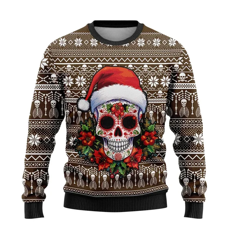 Sweater Krismas Hodoh Haiwan Comel 3D Bercetak untuk Lelaki Wanita Pakaian Rekaan Tengkorak Lucu Baju Sweatshirt Kasual Crewneck Atasan