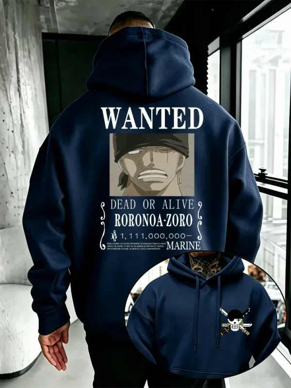 Bandai One Piece Heren Hoodie Nieuwe Herfst Winter Hoge kwaliteit warme trui met Zoro Wanted Poster Print Casual stijl