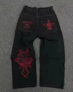 Streetweed Rahat Siyah Geniş Bacak Kot Erkek Kadın Ağır Geri Cep Nakış Detay Moda Pantolon Gevşek Fit Yumuşak Denim Y2K