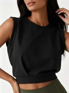 Crop crop top fără mâneci pentru damă, cu coaste, cu decolteu rotund, de culoare uni, pentru sport, pentru fitness, pentru alergare, pentru yoga