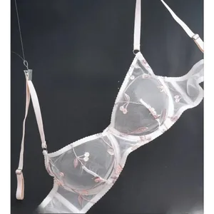 Best Seller Sexy Transparent Mesh Embroidery Lingerie Suit Ultra‑Thin Sheer Bra & Thong Panties Comfort Women Underwear 32‑38AB