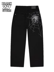 Calças de brim dos homens aranha web bordado denim calças harajuku unissex solto ajuste perna reta perna larga streetwear casual moda tendência nova