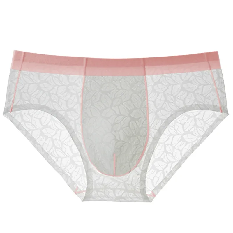 Biancheria intima da uomo ultrasottile in seta di ghiaccio da uomo, mutandine traspiranti in pizzo jacquard senza cuciture, custodia rigonfiante 3D, lingerie in rete trasparente
