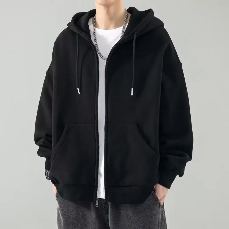 Mandligt tøj, sort solid sweatshirt til mænd, hættetrøjer med lynlås, hættetrøjer, hættetrøjer, vinter-ungt på udsalg, tilbud i høj kvalitet, koreansk stil S
