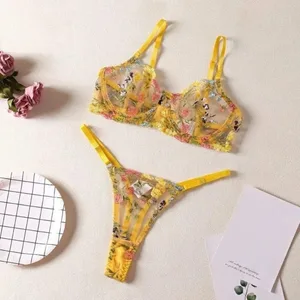 2-Piece Floral Lingerie Set Sheer Versatile Underwear Intimates Underwire Push-up Embroidery Bra Panty Set For Lady Girl