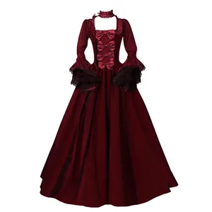 Middelalderlig victoriansk Court Lace Patchwork Gotisk Kjole Halloween Witch Cosplay Fest Kostume Firkantet Neck Flare Sleeve Maxikjole