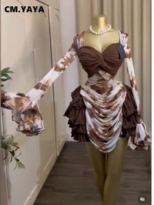 yaya feminino tie dye print cascading babados sino manga longa bodycon franzido drapeado com decote em v vestido de férias praia vestidos de férias
