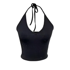 Dame tanktop Forår Sommer Sort Ribbet Strik Stjernepailletter Halter V-hals Ærmeløs Cropped Slim Casual Daily Top