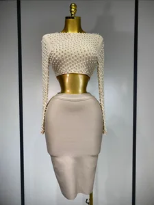 Set da donna sexy a maniche lunghe in rete con perle Top Celebrity Midi Set di fasciature da donna 2025 Set da due pezzi di compleanno di lusso per feste serali di design
