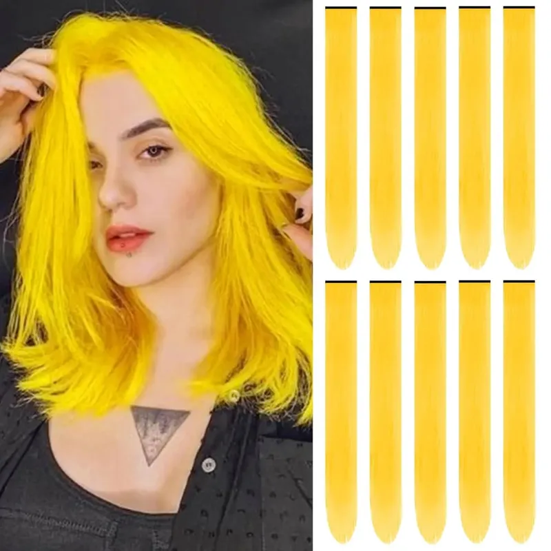 Synthetic 10 PC Hair Extensions Red and Blue Clip in SOlldag Colored Party Highlights Straight Hairpiece for Kids Girls Women