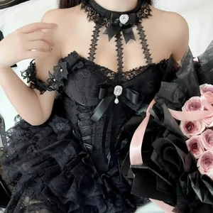 Japonês vitoriano doce lolita vestido feminino harajuku y2k laço laço halter pescoço festa de noite mini vestidos kawaii preto vermelho deess
