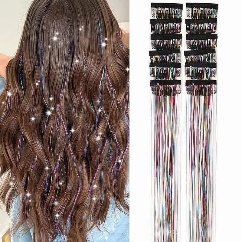 12pcs Per Pack of BB Hair Clips Shiny Metallic Hair Extensions with Clips Fairy Hair Sparkling Hair Accessories for Women.