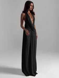 Cutenew Party Simple ผู้หญิงชุด Maxi Solid Trend Halter Cross แกว่งคอ Backless V คอสูงแยก Bodycon Mujer Vestidos