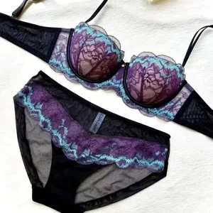 Nieuwe lichtgewicht paars kanten bh en panty voor dames, push-upontwerp met minimaal effect, zachte beugel en anti-sag ondersteuning