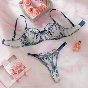 2025 Volledige Kant Borduren Jonge Dames Intimates Ultra Dunne Transparante Push Up Bloemen Lingerie Voor Vrouwen Sexy Bh En Panty set