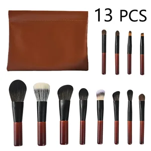 Set di 13 pennelli per trucco in noce, formato da viaggio, professionali, mini pennelli per trucco marrone chiaro, con custodia