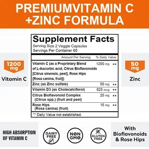 Càpsules de vitamina C de 1200 mg - amb zinc - sistema immunitari i reforç de col·lagen Vegetarià sense OMG i sense gluten