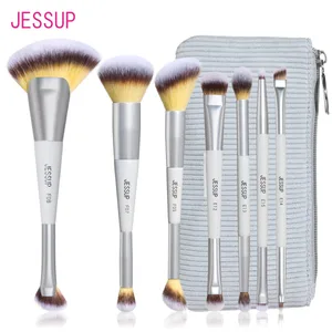 Jessup pincéis de maquiagem conjunto 3/7 pçs dupla terminou base sintética blush destaque mistura escova de sobrancelha com saco cinza silencioso t520