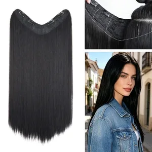 Extensión de cabello sintético largo y liso en forma de V para mujer, postizo Invisible de fibra resistente al calor, 24 pulgadas, 4 clips, uso diario