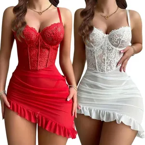 Kanten Corset Push Up Bh Vrouwen Lingerie Set See-through Nachthemd Sexy Bh Splicing Jurk Elegant Ondergoed Pyjama Voor vrouwelijke