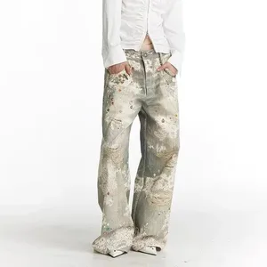 Calças de brim dos homens do vintage impressão digital angustiado denim calças harajuku unisex perna reta solto ajuste casual streetwear moda tendência
