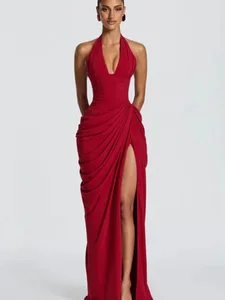 Gaun Wanita Halter Berlipat Solid Elegan Gaun Maxi Belah Pinggang Punggung Terbuka Tanpa Lengan Mode Gaun Pesta Musim Panas 2026