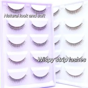 Amélioration des yeux doux et naturel 5 paires de faux cils tige transparente cils à bande naturelle douce
