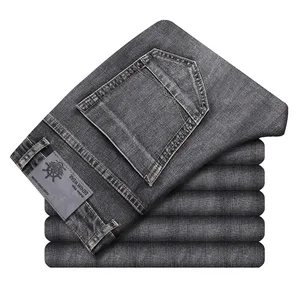 2026 algodão estiramento jeans de negócios casual masculino fino denim jeans cinza primavera verão novo ajuste em linha reta leve