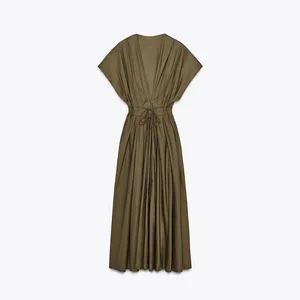 Vestit atractiu amb cordons plissat amb coll en V a la moda per a dona de màniga curta de cintura alta Vestits llargs ajustats per a dona d'estiu elegant festa de vacances