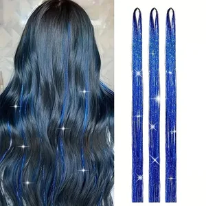 90cm Syntetisk 3st/set Regnbågsfärgat glänsande hår Laser Tinsel Långt rakt Värmebeständigt Fairy Hair Extension Party Dagligen