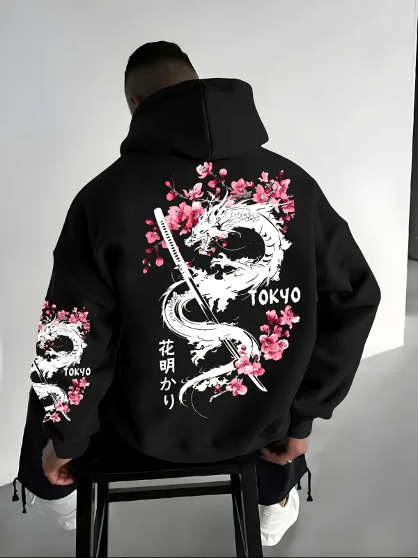 男士動漫風龍紋櫻花印花連帽套頭衫冬季保暖寬鬆休閒風