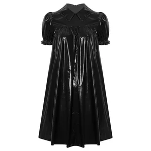 Kvinder Vandtæt Vinyl Regency Kjole Victorian Party Sleep Dress Puff Kortærmet Empire Talje Lapel Dress Natkjole Rave Party