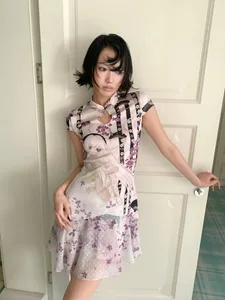 European American trendy sweet cool girl cropped cheongsam dress anime flower print chinese stand collar frog button slim casua